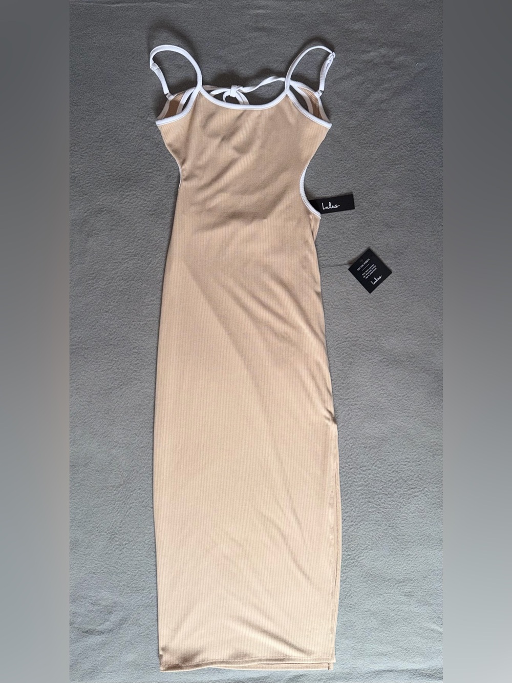 Lulu's Tan and Cream Ribbed Midi Dress Tie Back with White Trim Size S NWT